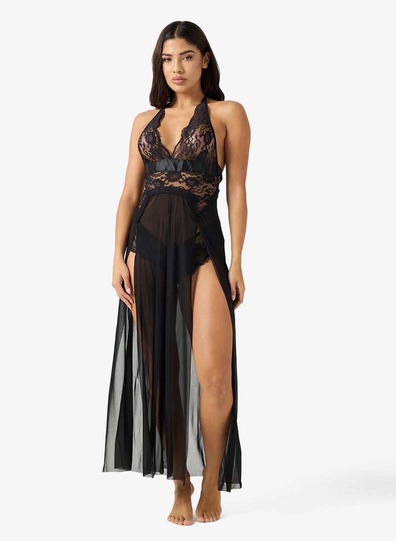 ELLA Sheer Night Dress with Lace Trim - Image 1